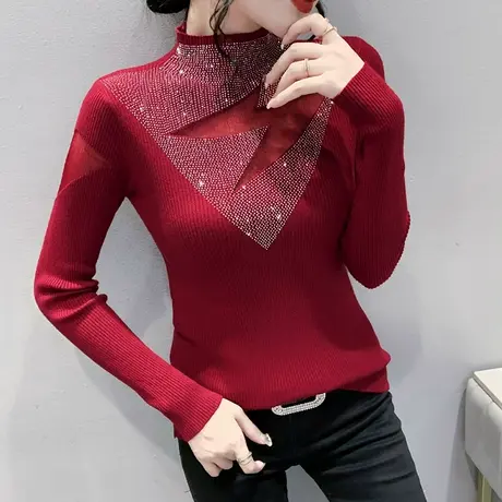 半高领针织衫女秋冬性感网纱拼接长袖上衣重工烫钻气质打底毛衣女商品大图