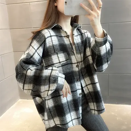 2023秋季新款加厚格子衬衫女外套磨毛复古港味女设计感小众上衣潮商品大图
