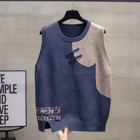 盘扣圆领针织马甲背心女2023秋装新款宽松外穿马夹复古毛衣坎肩潮商品大图