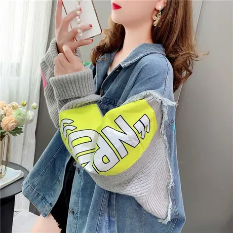 设计感重工牛仔拼接毛衣外套女秋季2023年新款宽松慵懒风开衫上衣商品大图