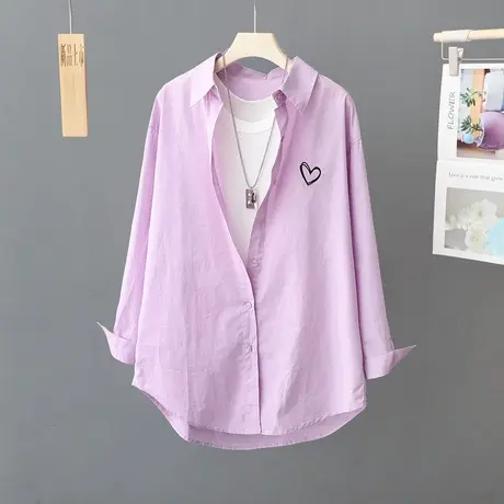 纯色长袖衬衫女春秋新款爱心刺绣宽松休闲外搭衬衣叠穿上衣打底衫商品大图
