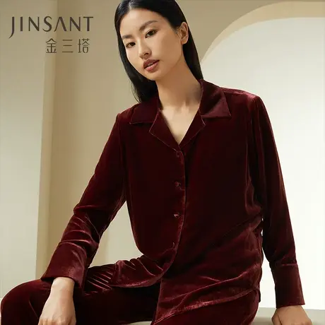 自带高光桑蚕丝丝绒】简约时尚可外穿真丝绒家居服套女睡衣金三塔图片