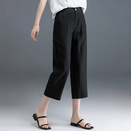 八分直筒亚麻女裤夏季薄款2024新款黑色棉麻裤子女夏小个子七分裤图片