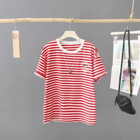 经典条纹T恤女短袖夏季2024新款宽松圆领套头刺绣百搭体恤衫上衣商品大图