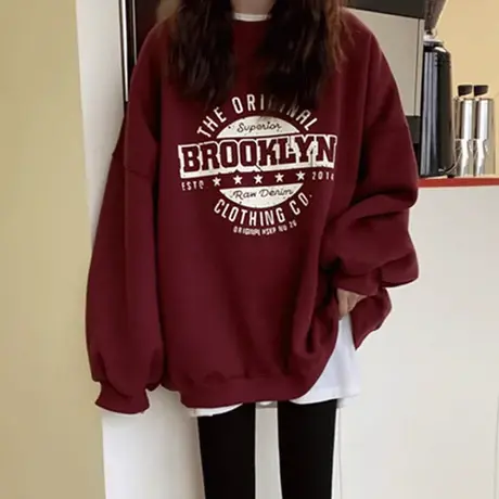 ins超火加绒无帽卫衣女春秋冬薄款宽松韩版复古港风chic上衣外套商品大图