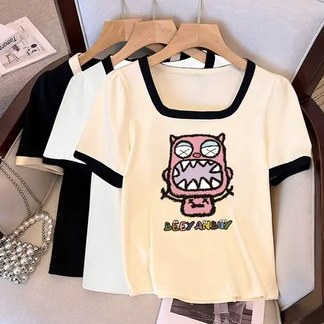 大领口女t恤美式微胖mm正肩显瘦大码短款修身短袖夏ins潮甜辣上衣图片