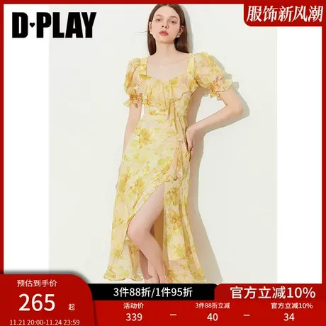 DPLAY沙滩裙黄色连衣裙雪纺连衣裙多巴胺裙子印花度假连衣裙夏图片