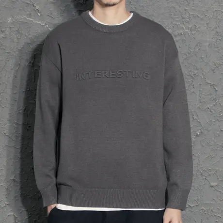 立体字母黑色圆领毛衣男2021秋冬新款潮流线衣加厚针织衫打底毛衫图片