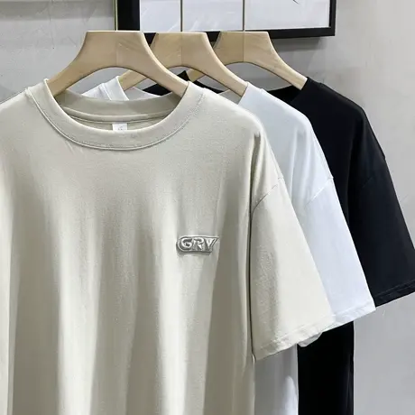 极简弧形剪裁宽松半袖T夏季美式休闲刺绣潮男纯棉宽松重磅短袖T恤图片