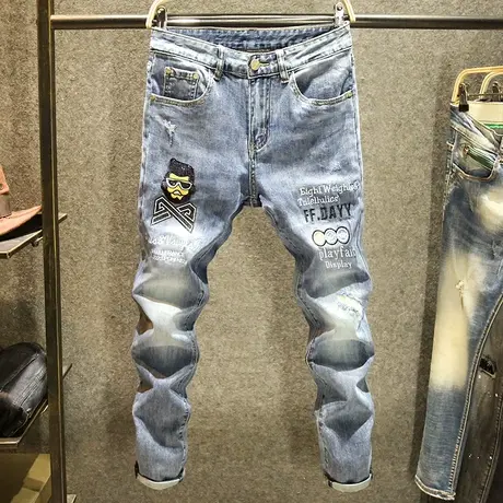 破洞潮牌ins牛仔裤男弹力修身小脚裤潮流时尚刺绣印花显瘦长裤子商品大图