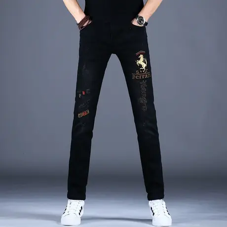 秋冬黑色刺绣牛仔裤男款高端潮牌休闲裤子男潮流新款加绒修身小脚商品大图