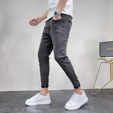 2023秋冬新款简约百搭灰色牛仔裤男韩版修身小脚裤水洗做旧铅笔裤商品大图