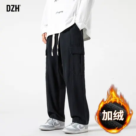 男士加绒加厚裤子男冬季直筒宽松2024新款黑色工装裤男款休闲长裤商品大图