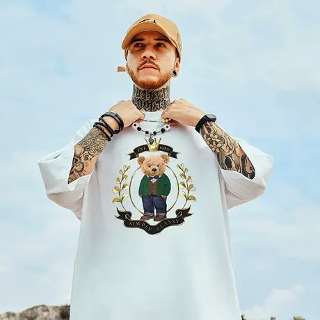 欧美小熊潮流胖子宽松短袖T恤男潮oversize潮牌大码夏季情侣半袖商品大图