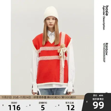 bosie2023年春季新款背心男情侣款小熊毛织背心提花针织V领马甲潮商品大图