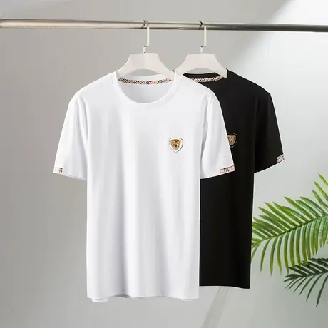 男士短袖T恤潮流圆领体恤纯色冰丝百搭休闲青年白色高级上衣服男商品大图