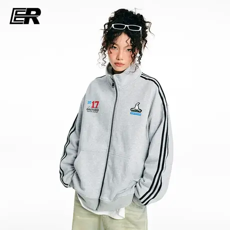 ER撞色兔子logo条纹运动夹克男休闲宽松情侣装美式街头潮牌外套春商品大图