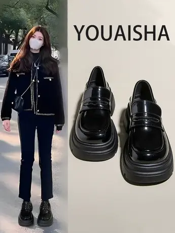 英伦风小皮鞋女2023新款春秋爆款黑色鞋子女鞋厚底粗跟单鞋乐福鞋图片