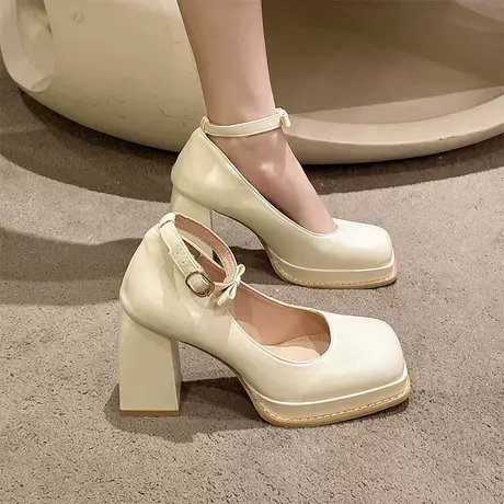 玛丽珍女鞋春季2024年新款法式粗跟单鞋复古方头白色不累脚高跟鞋图片