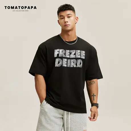 TOMATOPAPA新款2023夏季短袖T恤圆领男宽松落肩高街潮牌透气上衣商品大图