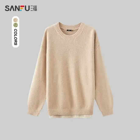 三福2023冬男士花纱假两件毛衣 时尚纯色宽松圆领上衣男478852商品大图