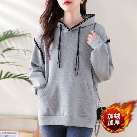 秋冬季连帽卫衣宽松加大码女装中年妈妈休闲加绒加厚显瘦带帽上衣商品大图