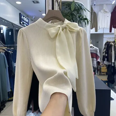 半高领拼接蝴蝶结针织衫女秋冬2023新款设计感泡泡袖上衣打底毛衣商品大图