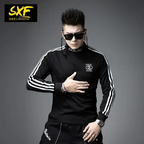 SXF圣希梵长袖男t恤磨毛半高领条纹刺绣打底体恤衫冬季潮男士上衣商品大图