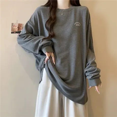 冬季加绒加厚开叉长袖T恤女韩版宽松中长款打底衫外穿德绒上衣潮商品大图