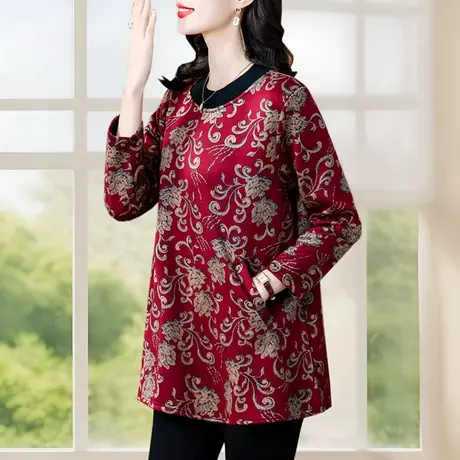 加绒加厚打底衫女秋冬新款中长款中年妈妈装宽松遮肚子新年上衣服图片