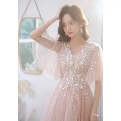 法式晚礼服裙女宴会气质2023新款爆款年会森系飞飞袖纱裙声乐艺考图片