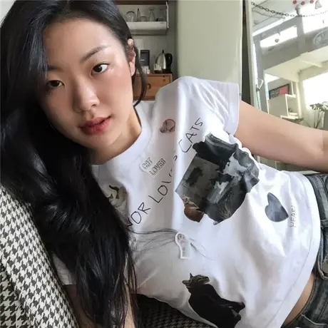 ins超火印花纯棉短袖t恤女夏季小众设计短款修身半袖白色休闲上衣图片