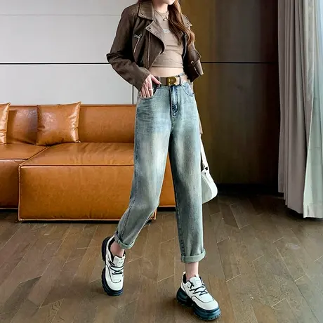 复古蓝老爹牛仔裤女春秋新款小个子设计感高腰宽松休闲直筒哈伦裤图片