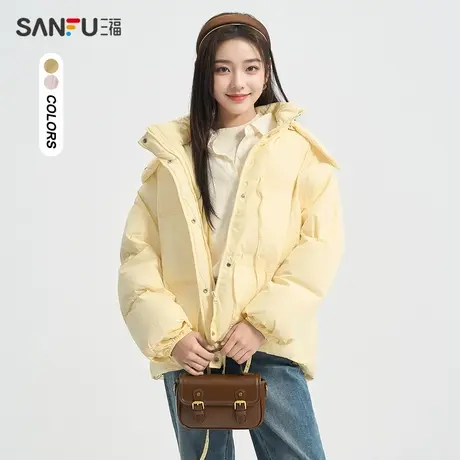 三福棉衣2023冬季绑带保暖立领短款宽松连帽棉服女装482003商品大图