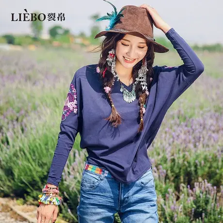 裂帛小众设计感V领民族刺绣蝙蝠袖T恤女2024春新款长袖新中式上衣图片