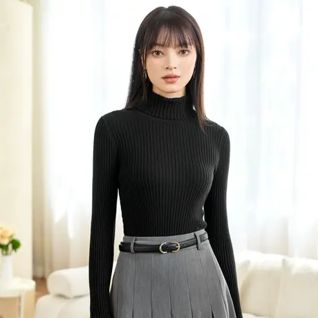 直播秒杀三福打底衫毛衣2024秋冬季高领保暖加厚修身内搭黑色针织图片