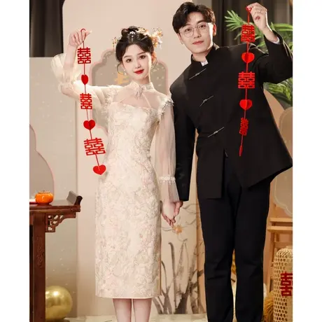 订婚礼服敬酒服新娘2024新款高级感纱袖香槟色设计感连衣裙结婚图片