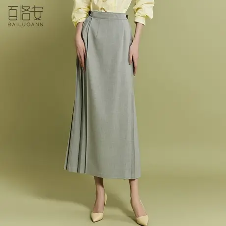 百洛安气质优雅知性半身裙女春时尚设计感褶皱高腰显瘦中长款裙子商品大图