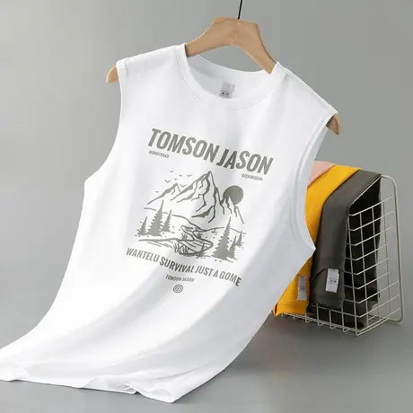 纯棉白色背心男士夏季健身运动跨栏篮球全棉宽肩无袖t恤印花坎肩图片