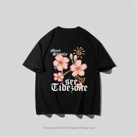 Ohlyah潮牌植物花卉系列樱花印花国潮T恤男女同款夏重磅纯棉短袖商品大图