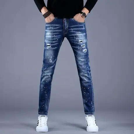男士破洞乞丐印花牛仔裤男秋款男款2023新款潮牌高端裤子休闲小脚图片