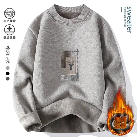 一体绒男士雪尼尔毛衣秋冬季圆领内搭针织打底衫加绒加厚保暖上衣商品大图