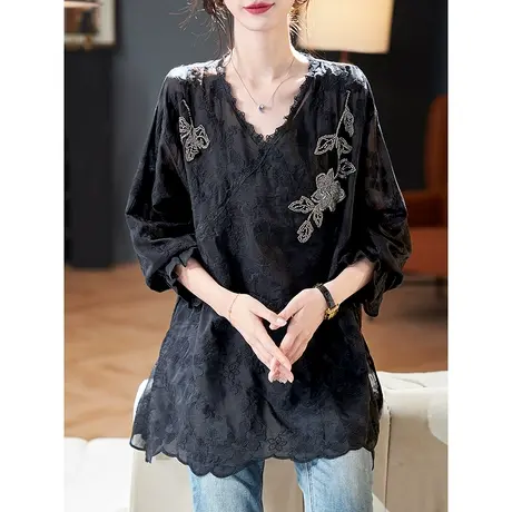 宝诗黎V领钉珠刺绣雪纺衫2024春季气质高级感宽松天丝长袖上衣女商品大图
