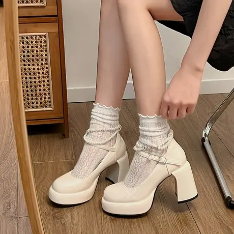 高级感酒红色玛丽珍鞋女粗跟2024年春季新款高跟鞋绑带粗跟单鞋女图片