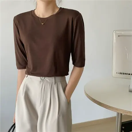 T恤女圆领短袖2024春夏新款薄款莫代尔中袖打底衫独特上衣超好看图片