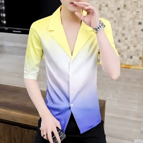 高级感衬衫男夏季七分袖上衣服V领渐变色痞帅气男装拼色中袖衬衣商品大图
