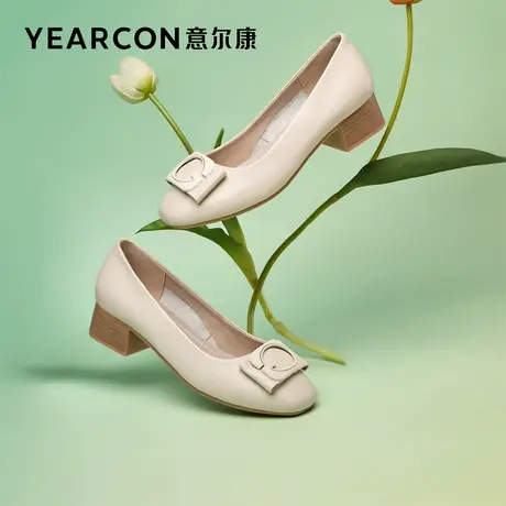 意尔康女鞋春季新款粗跟浅口方头单鞋女士简约通勤工作鞋商品大图