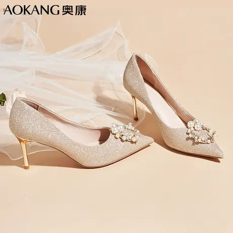 奥康高跟鞋女新款女鞋细跟尖头秀禾婚纱两穿珍珠婚鞋新娘鞋伴娘女商品大图