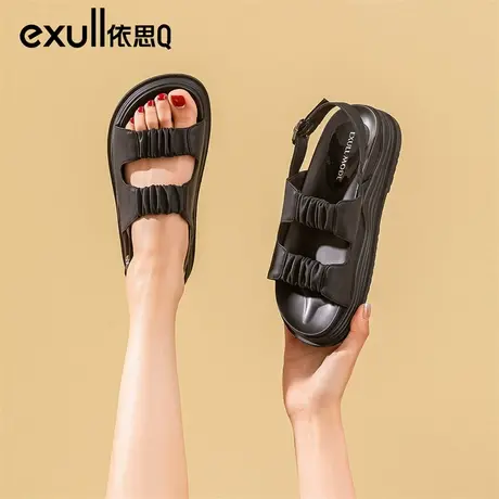 依思q2024夏季今年新款的凉鞋女厚底软底一字带褶皱配裙子的鞋子商品大图