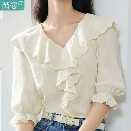茵曼小衫天丝短袖衬衣女2024新款V领荷叶边奶系穿搭夏天上衣衬衫商品大图